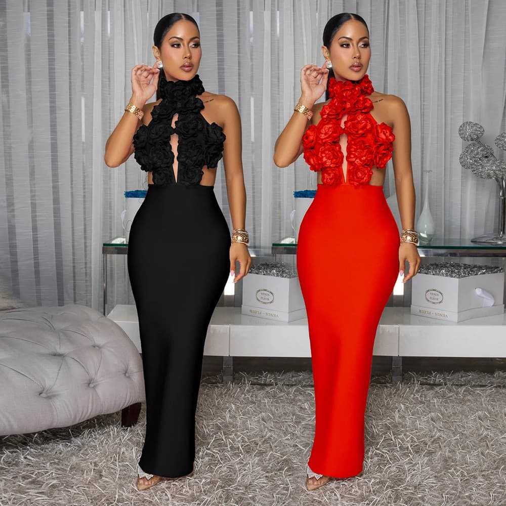 ​Elegant Halter Neck Maxi Dress With Bold Floral Accents - Sexy Evening Gown For Parties & Special Occasions (Black/Red, S-XXL)​