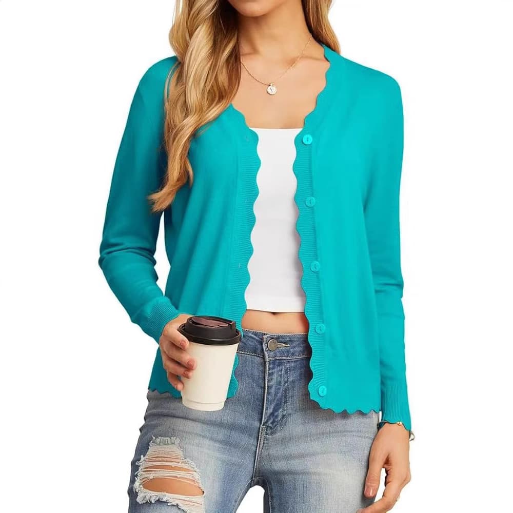 Women's V-Neck 3/4 Sleeve Knit Cardigan With Scallop Edge - Lightweight Spring Summer Cropped Top In Solid Colors & Stripes