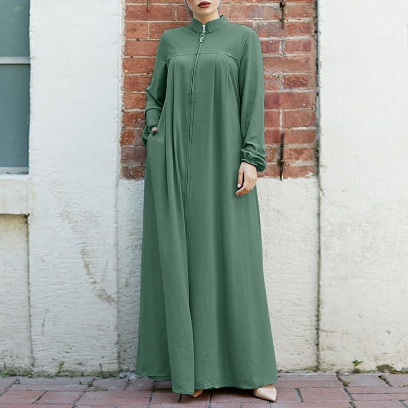 Muslim Women's Clothing Middle East Arabic Style Stand Up Collar Pocket Cardigan Green Dress
