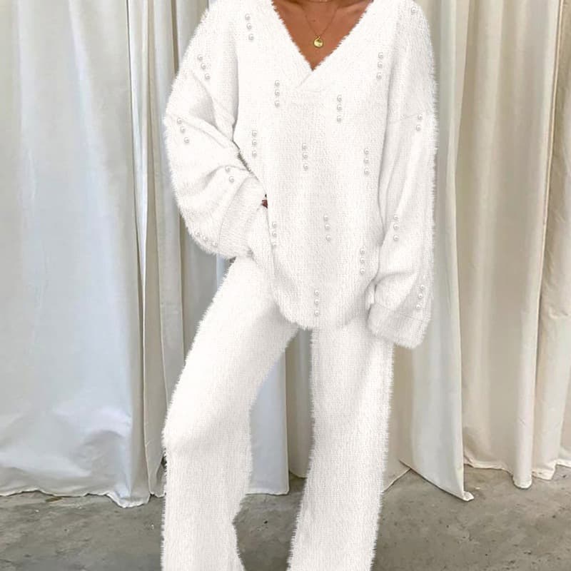fashion hot style bubble bead decorated V-neck top + pants suit