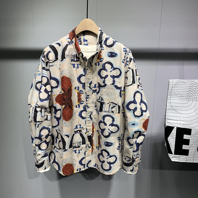 Men's Clothing Retro Style Long Sleeve Shirt All Over Print Loose Fit Korean Style Fashionable And Unique Collared Shirt For Autumn