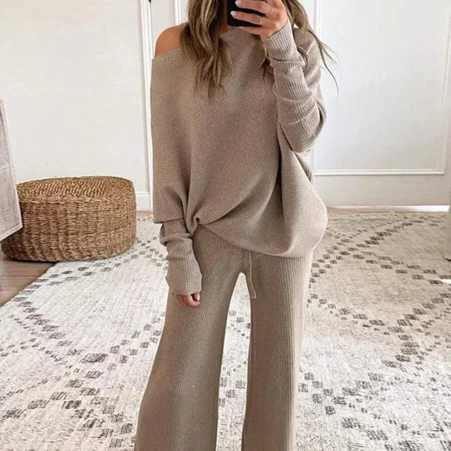 Women's Clothing solid color round neck long sleeved casual two piece suit