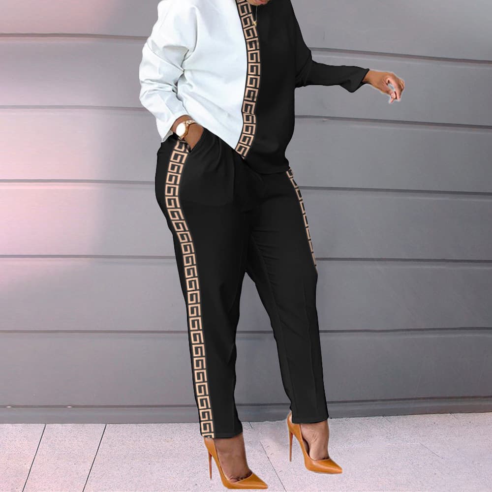 Women's fashion color contrast print long-sleeved loose casual suit