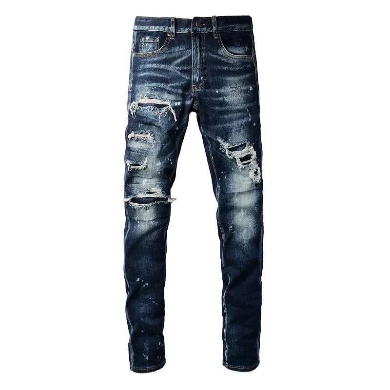 Men's Clothing Washed Old Cat Whisker Patch Hole Elastic Slim Fit Skinny Pants Ink Splash Jeans