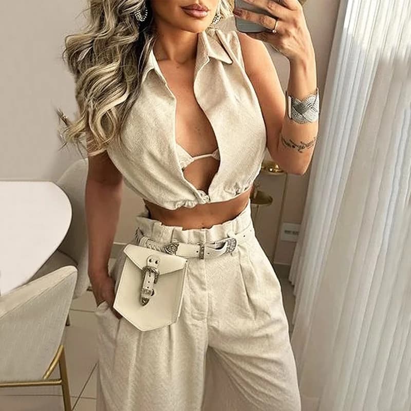 Women's fashion solid color lapel sexy sleeveless top casual pants suit