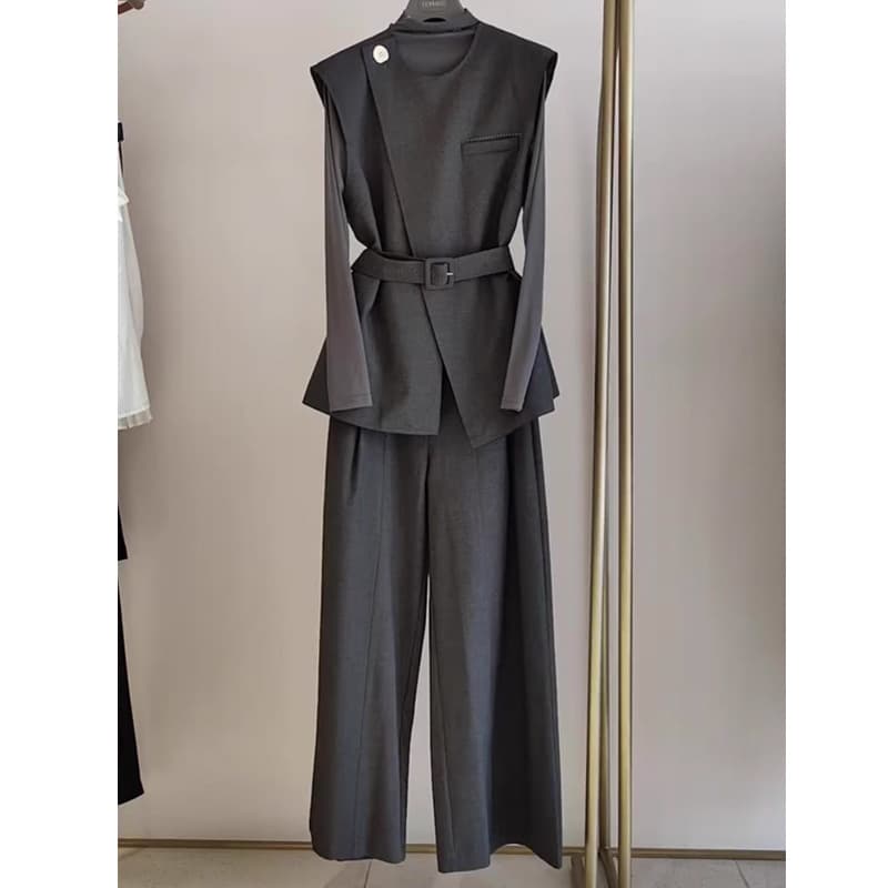 Women's Clothing Temperament three piece suit light luxury advanced style fashionable gray irregular lace vest with inner trousers for women autumn