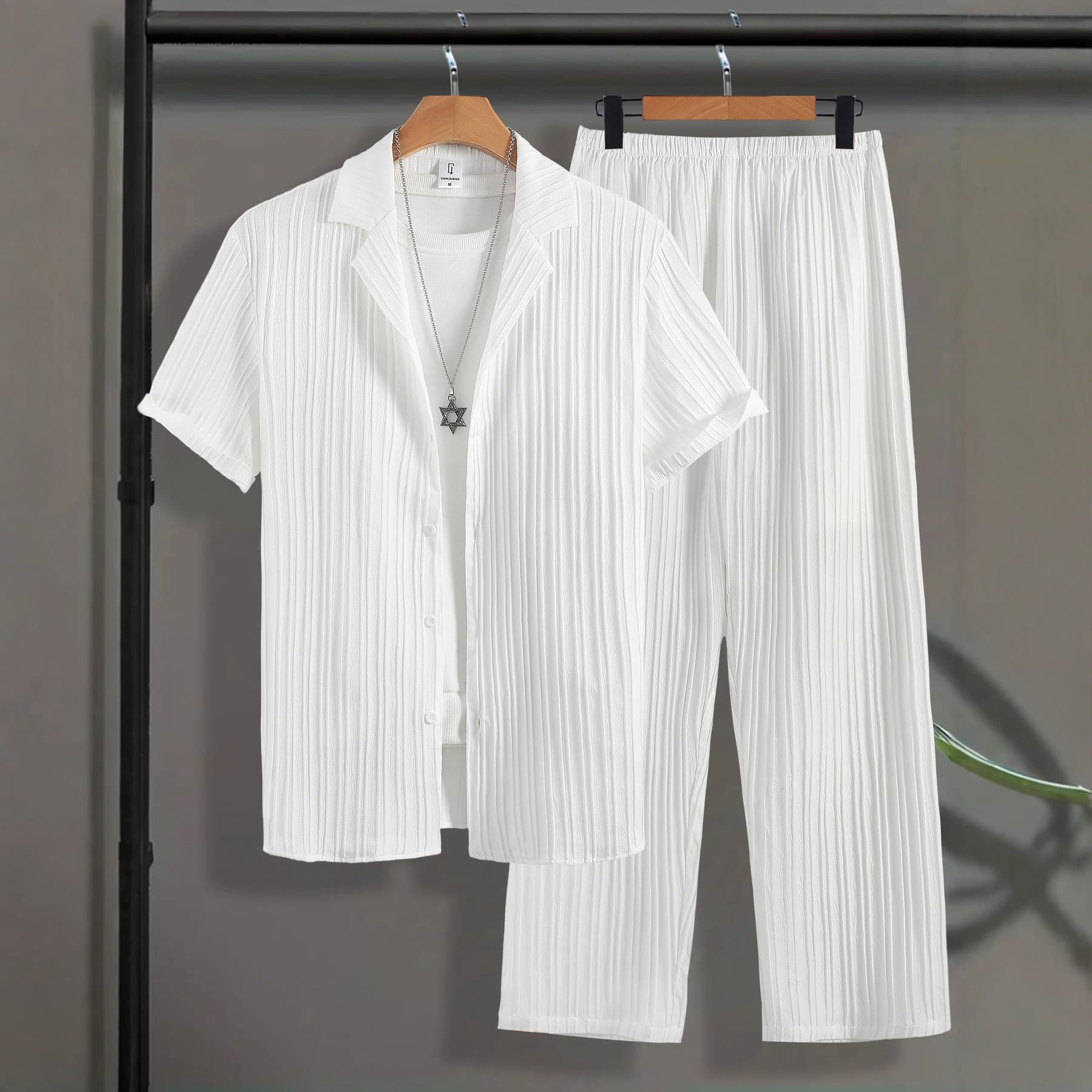 Men's Ribbed Short Sleeve Suit Set - Breathable Summer Office & Casual Outfit (Dark Gray, S-XXL)