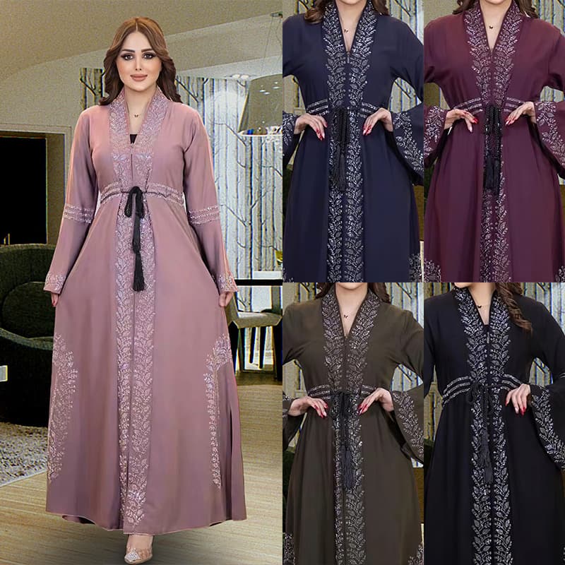 ​​Muslim Dress Women Elegant Long Sleeve Maxi Dress With Bell Sleeves & Embellished Details – Boho Chic Open Front Robe For Women