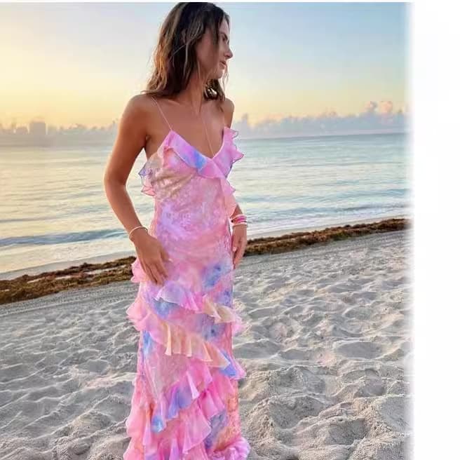 women's fashion print sexy suspender backless strappy irregular dress trendy Dress