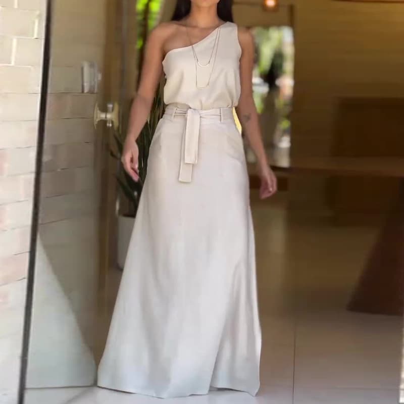 Women's fashion solid color slope collar sleeveless casual high waist skirt suit