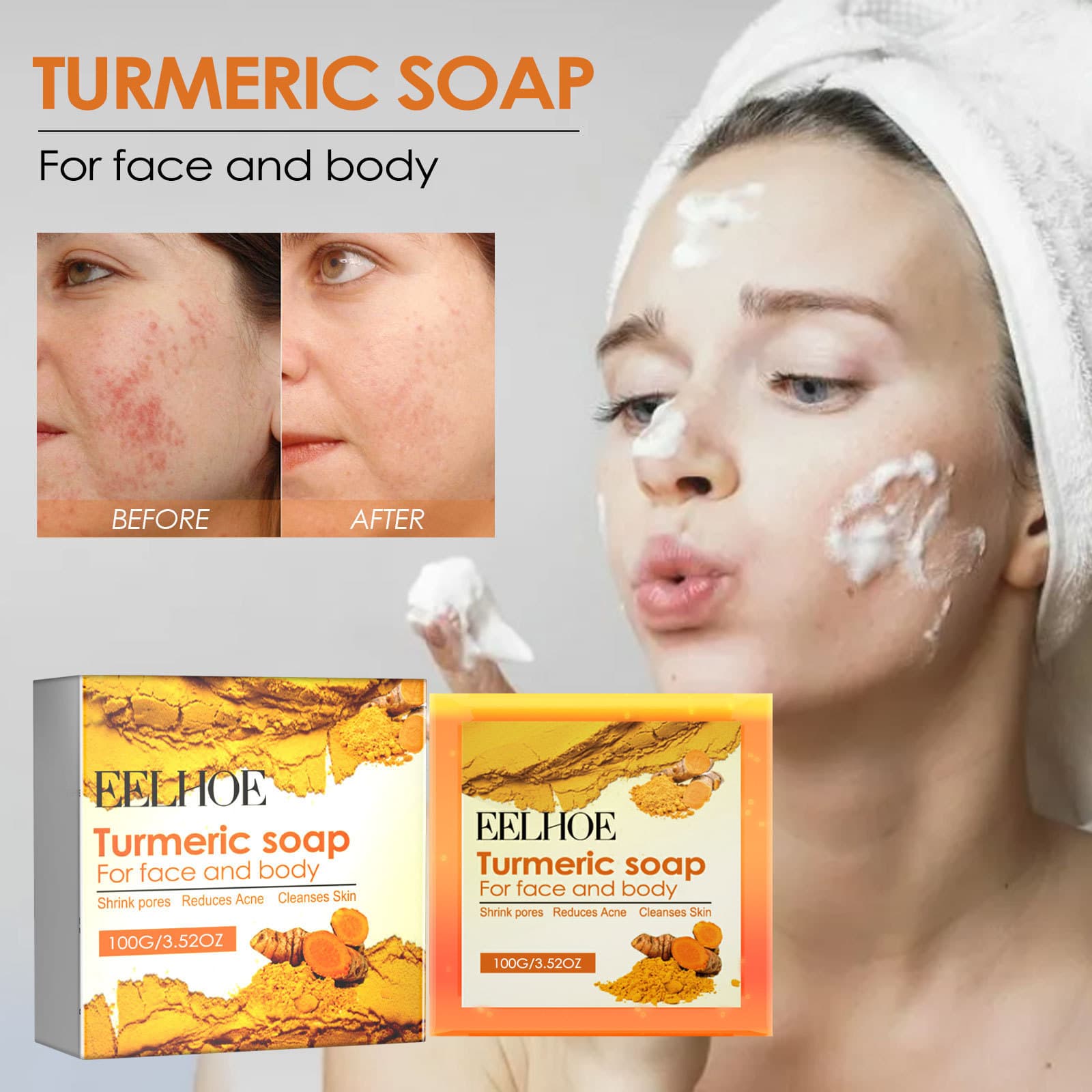 EELHOE turmeric deeply cleanses pores, moisturizes facial skin, refreshing and oil controlling cleansing soap