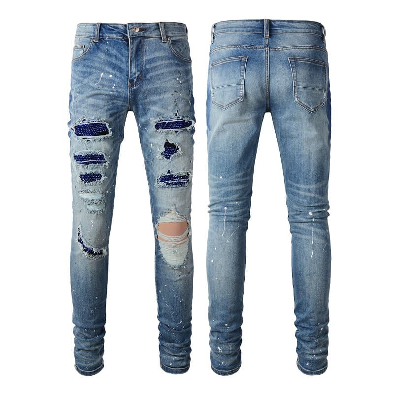 Men's Clothing ripped jeans high street fashion brand ripped diamond jeans stretch slim fit skinny pants