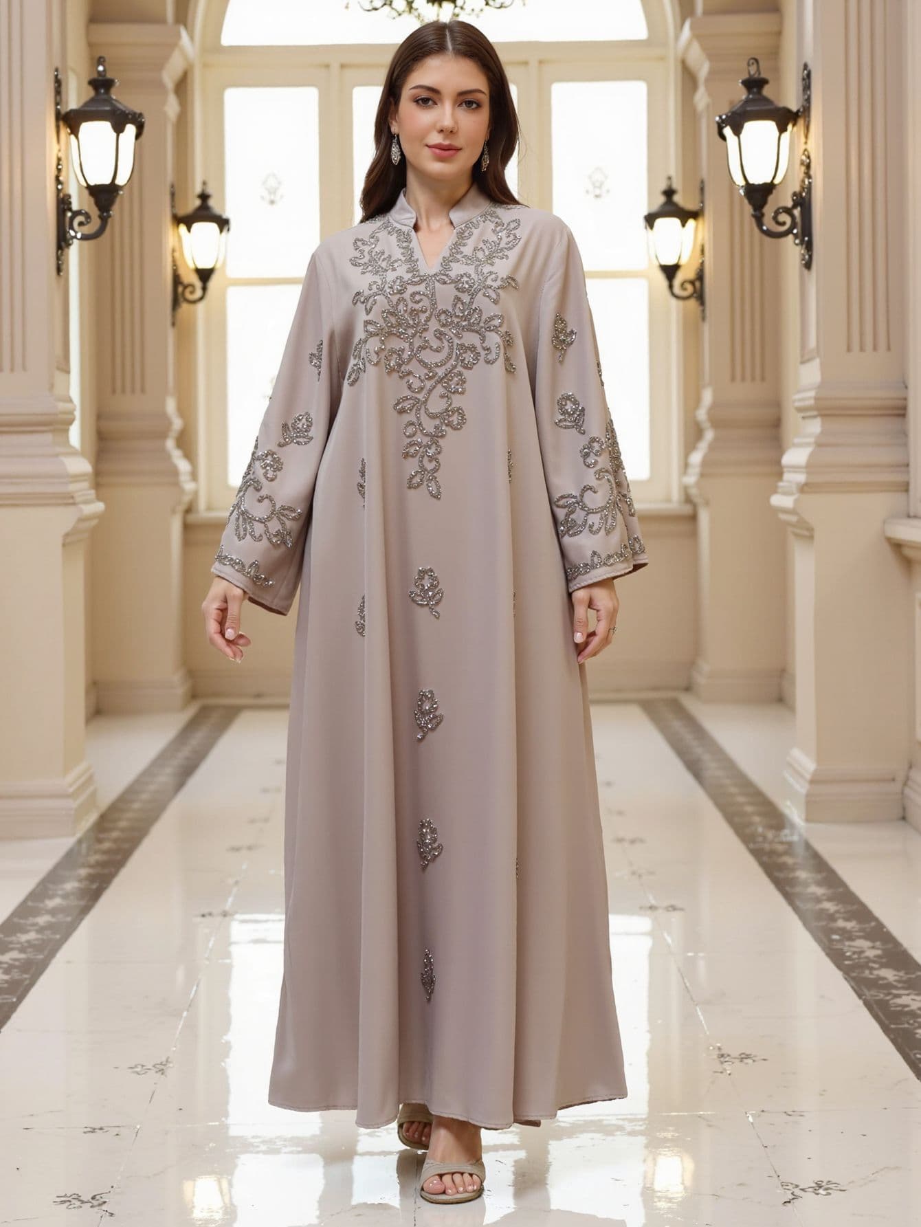 Handcrafted Embellished Abaya Dress – Modest Luxury Long Sleeve Maxi Dress For Women, Dubai & Middle Eastern Fashion
