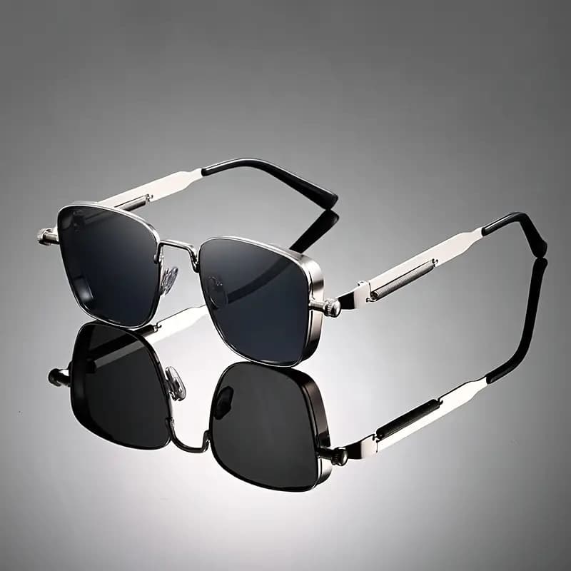 Men's Sunglasses Retro Square Frame Spring Temple Sunglasses UV Protection Punk Style Silver Glasses