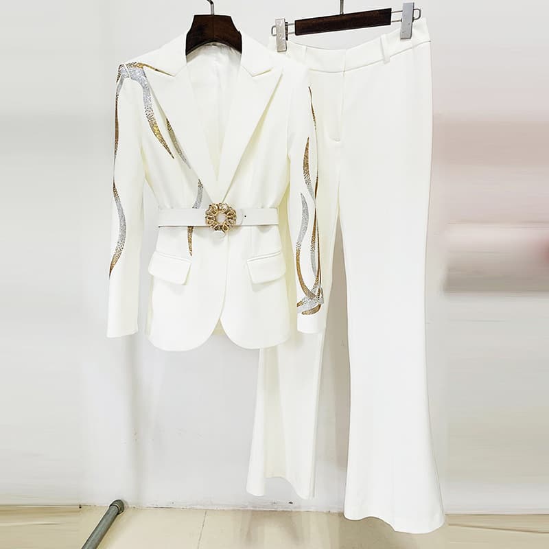 Luxury Crystal-Embellished Blazer & Flare Pants Set – Runway-Worthy Belted Suit With Art Deco Beading – VIP Lounge & Gala Essential