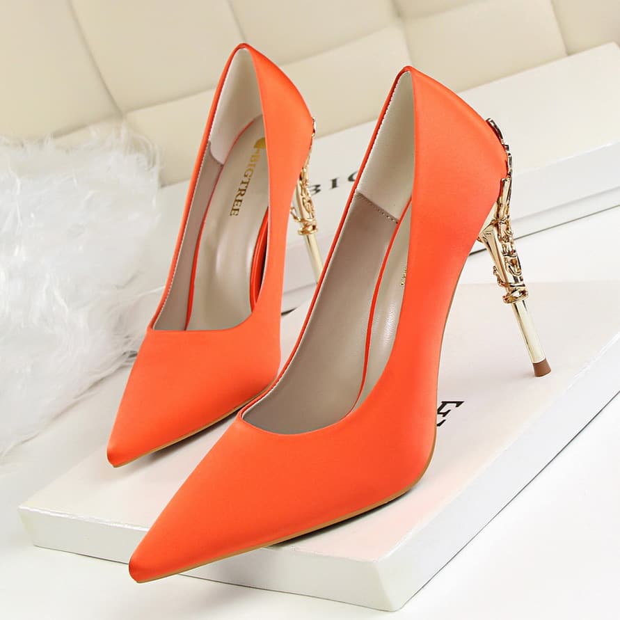 Women's Stiletto Heel Pumps Korean style fashion sexy metal heel stiletto high heel shallow mouth pointed satin thin single shoe wedding shoes