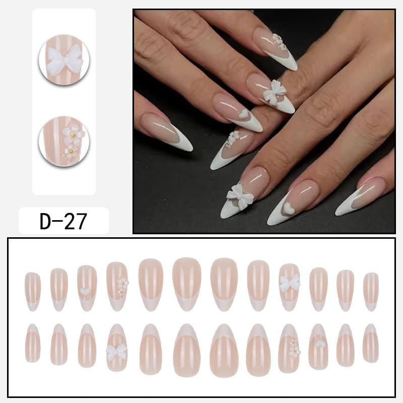 Elegant Bow French False Nails Almond Shape Press On Nails Reusable Fake Nails For Women Glue On & Peel Off Nail Art Tips​​