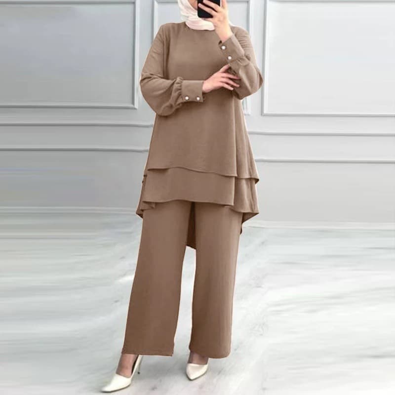 New Muslim-style Women's Suit: Solid Color Double-layered Top, Stylish And Elegant Loose Wide-leg Pants.