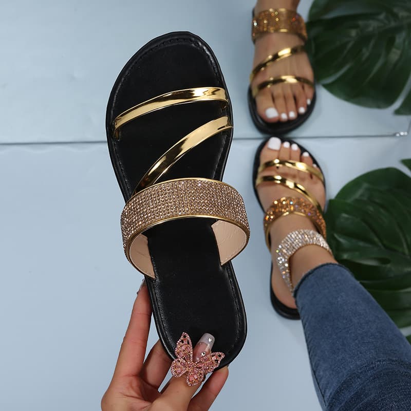 Large Size One Word Sandals, Women's Fashionable Outdoor Summer Breathable Rhinestones, Casual Cool Shoes