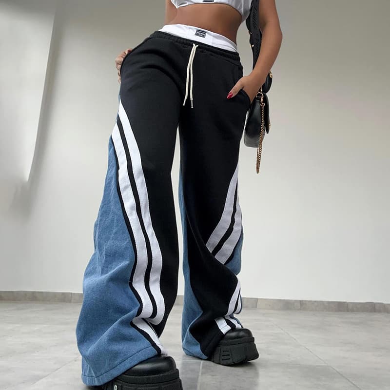 Women's Clothing fashion trend contrast color stripes stitching loose wide leg leisure