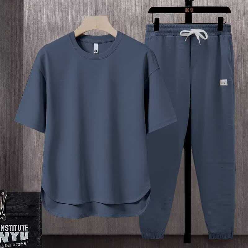 Loose Fit Solid Color Men's T-Shirt 2025 Summer Trendy Ins Style Short Sleeve Long Pants Two-Piece Set