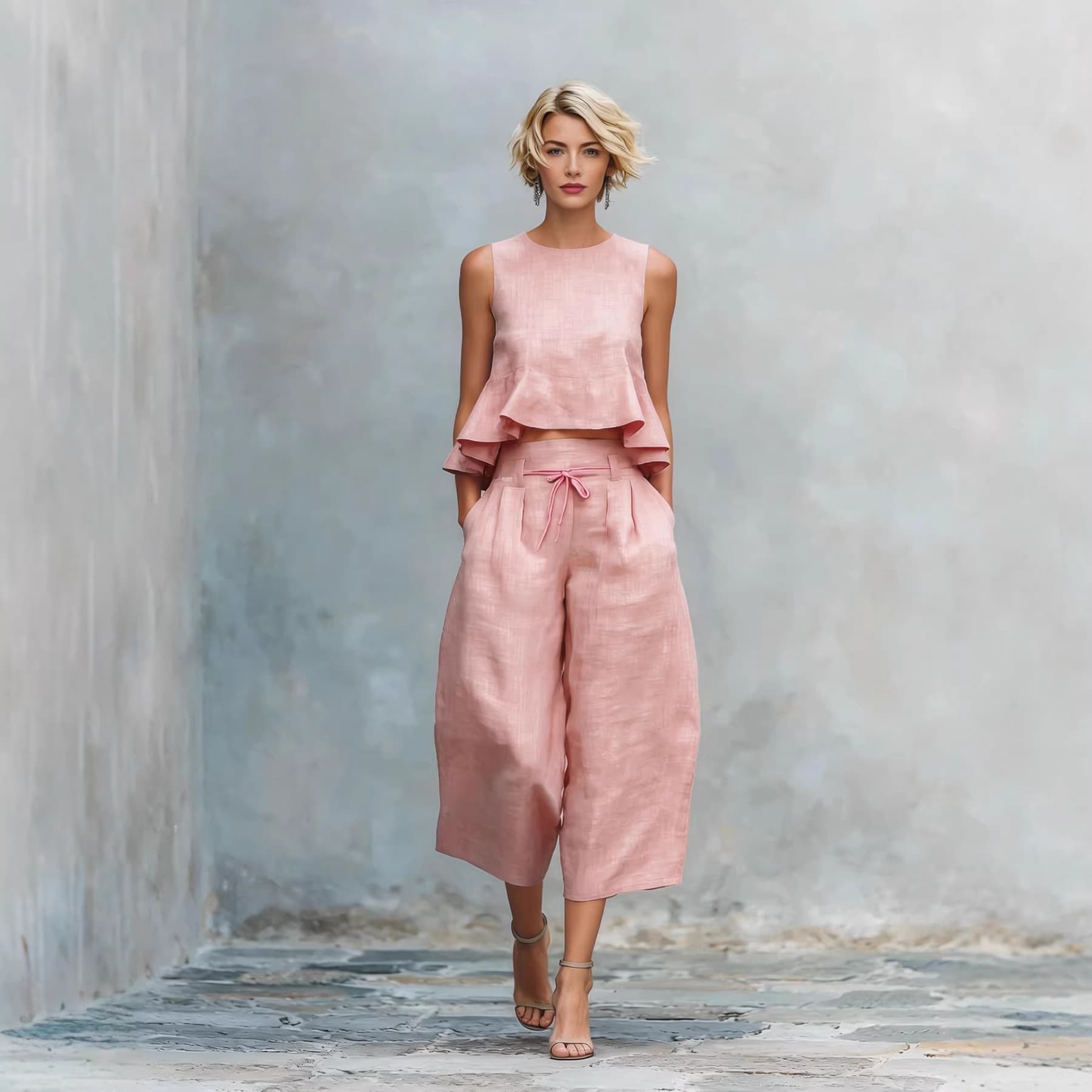 Summer Women's Linen Blend Two Piece Set European American Style Ruffled Trim in Stock Cross Border Independent Website