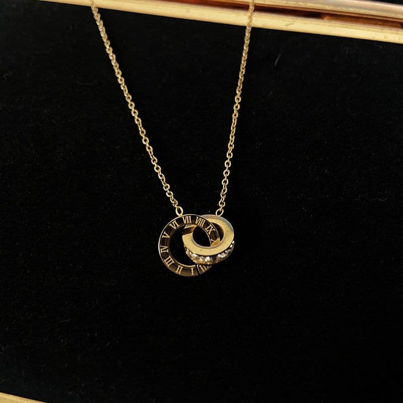Titanium Steel Roman Digital Double Ring Necklace Women's Gold Pendant Light Collar Chain Simple Style Fashion