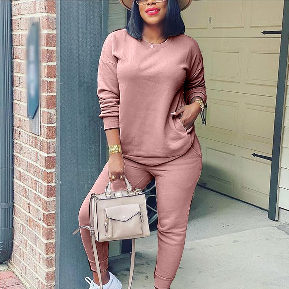 Women's fashion long sleeve solid color multi-color street casual two-piece set