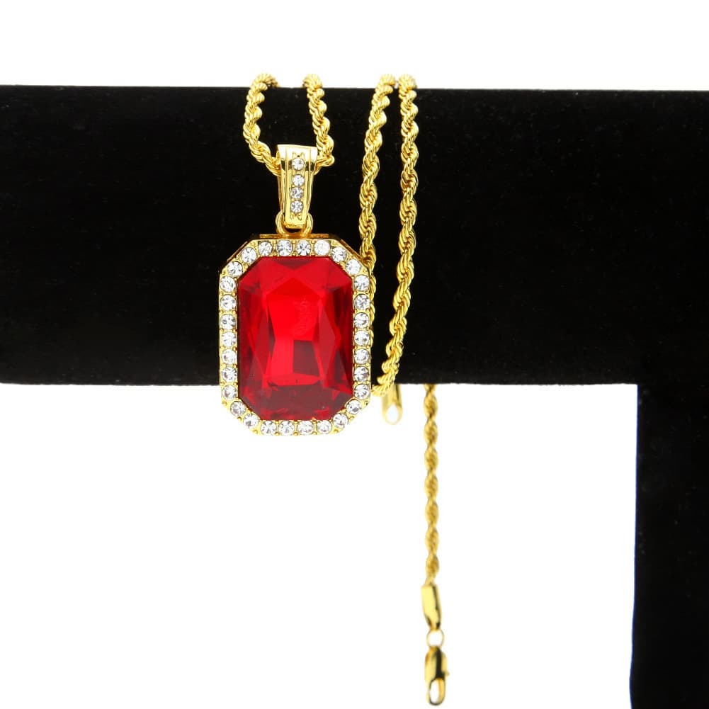 Men's Hip Hop Square Pendant Necklace With Cubic Zirconia & Ruby Alloy Chain, 24inch Rope Style, Gold/Silver Color Options Hiphop Men's Necklace
