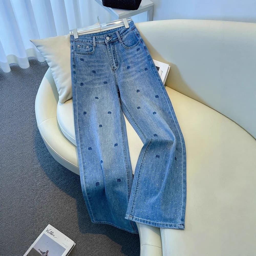 Women’s High Waisted Wide Leg Jeans - Light Blue Denim With Heart Embroidery & Sparkly Rhinestones, Casual Straight Pants For Daily & Party