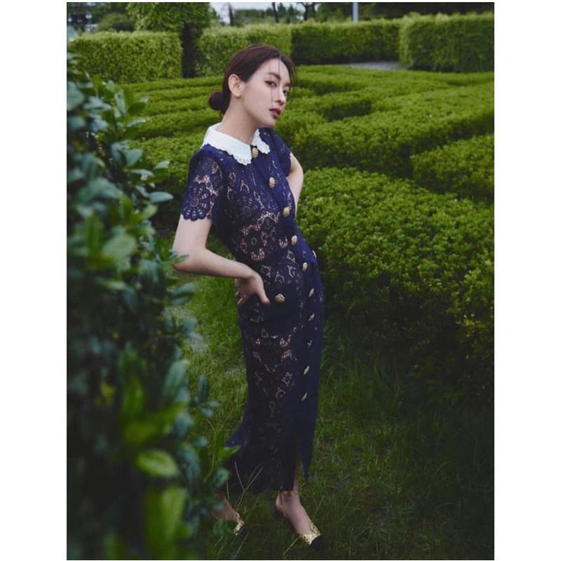 Women's Lapel Single-breasted Flower Hollow Lace Elegant Temperament Intellectual Dress Long Dress