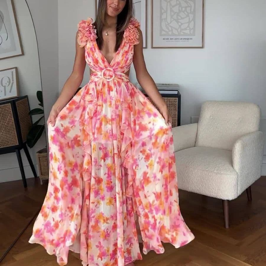 Women's new fashion leisure home floral print tie waist pleated dress for women