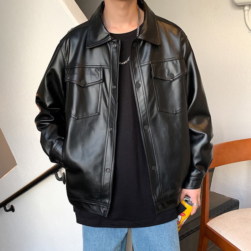 Men's Clothing Leather Men's Jacket PU Leather Jacket Flying Motorcycle Suit Loose Large Size Casual Trendy Brand Handsome Top