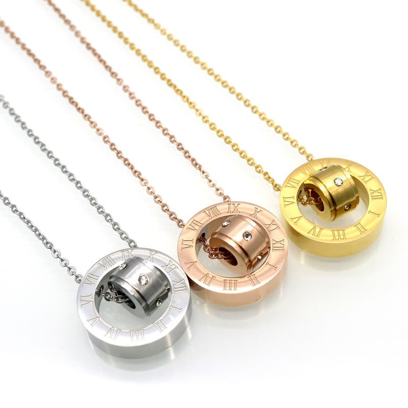 Men And Women's Jewelry Fashion Temperament Roman Numeral Diamond Necklace Couple Plated Double Ring Transfer Bead Necklace