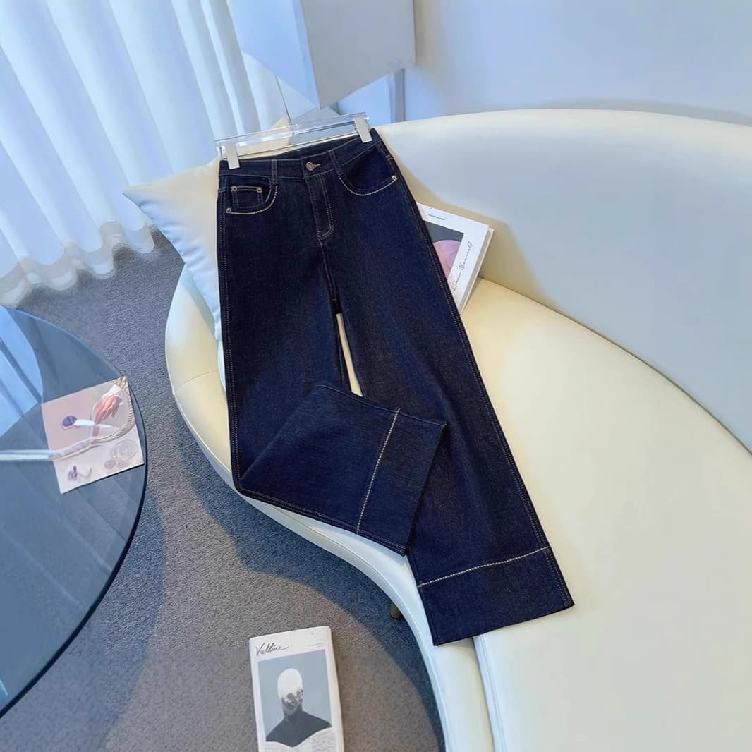 Petite Dark Blue Wide Leg Jeans For Women - High Waist Straight Leg Denim Pants With Stretch Comfort Fit