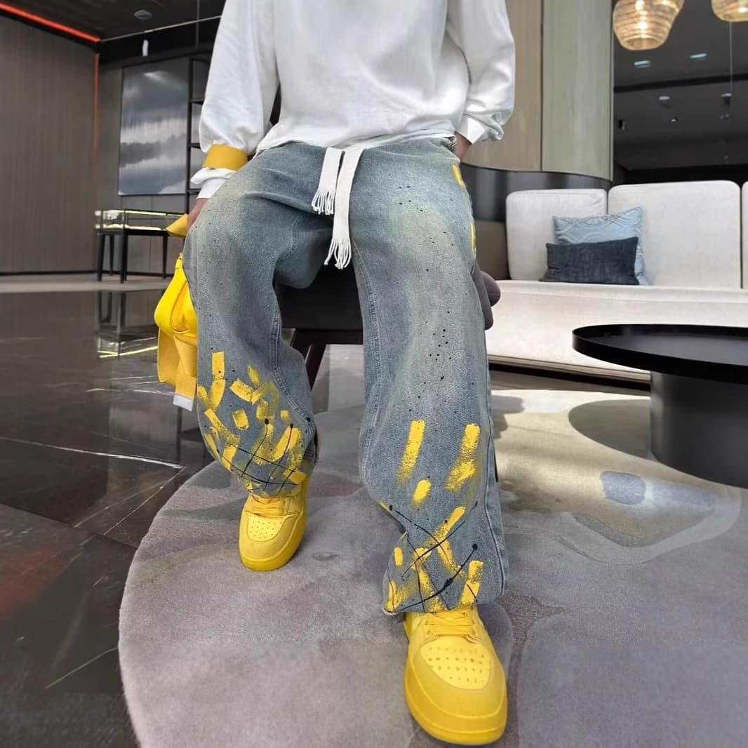 Men's Clothing Jeans Hand Painted Inkjet Printing Fashionable All Match Washed Distressed Straight Pants