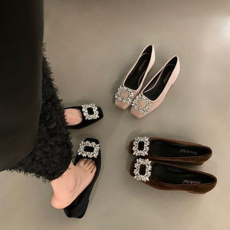 Elegant Rhinestone Shallow Mouth Single Shoes For Women, 2025 Autumn New Versatile Square Toe Flat Loafers