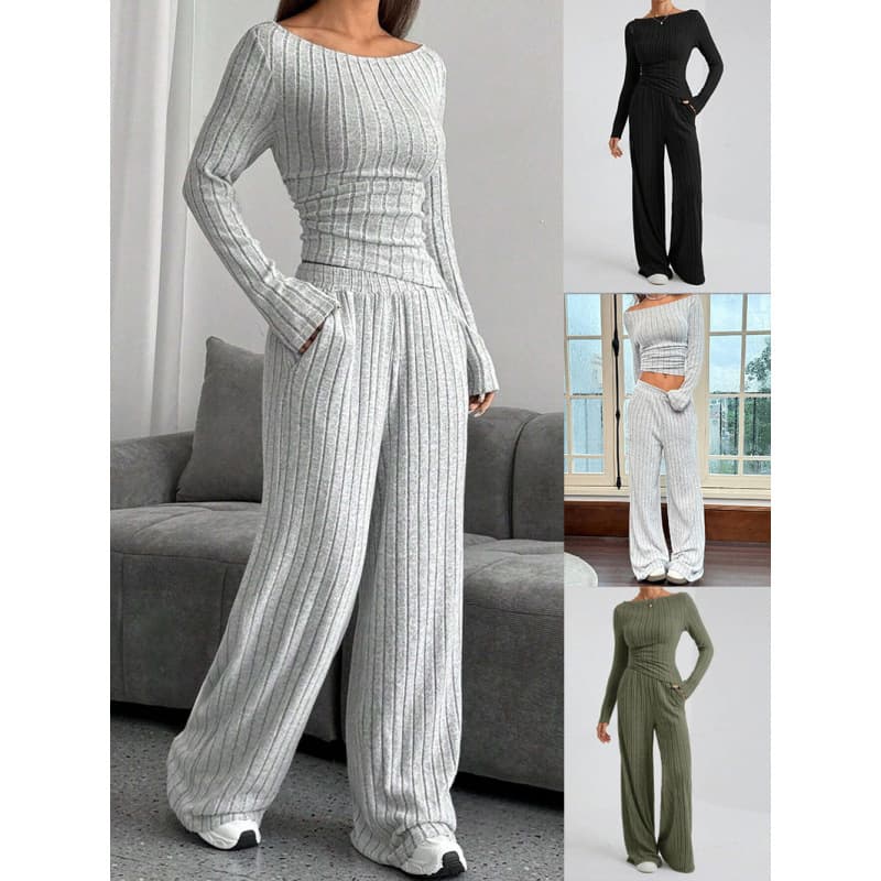 Ensemble pull col montant et pantalon de détente pour femme, automne-hiver – Mélange polyester-élasthanne doux, coupe ample, élégance décontractée (gris/noir/vert)