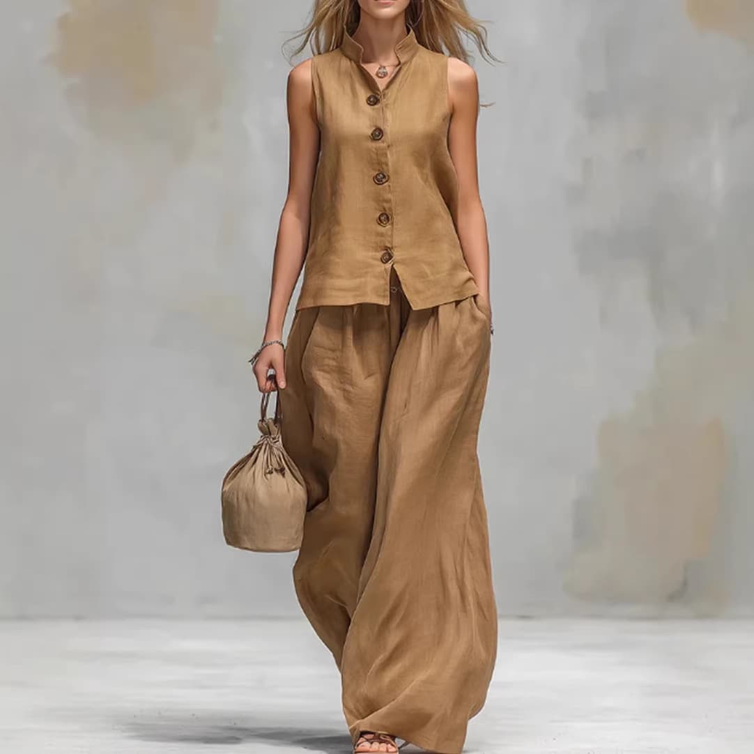Effortless Cotton Linen Lounge Set – V-Neck Vest & Wide-Leg Pants (Wine Red/Black/Navy/Beige) | Breathable Two-Piece Outfit For Summer