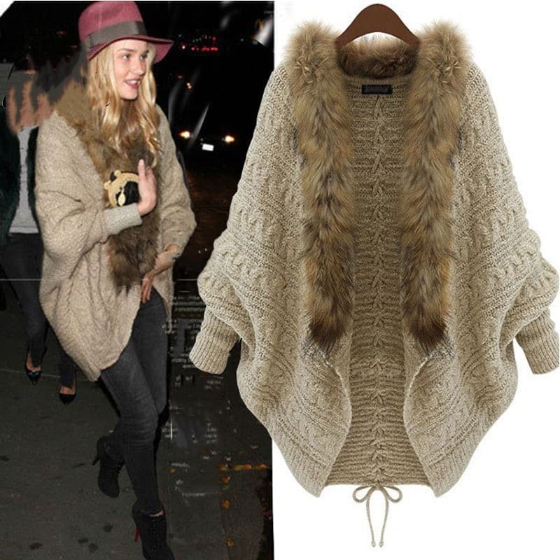 Cardigan en tricot à manches chauve-souris tendance pour femme - Pull doux à col en V ouvert sur le devant avec bordure en fausse fourrure, confort surdimensionné, élégant et polyvalent.