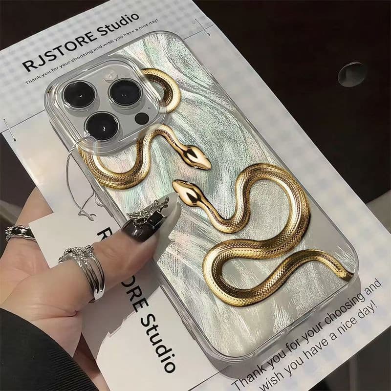 Gold Snake Print Case For IPhone 16 15 14 13 12 11 Pro Max XS X XR 8 7 Plus SE 2022 Feather Chiffon Texture Silver Plated Cover