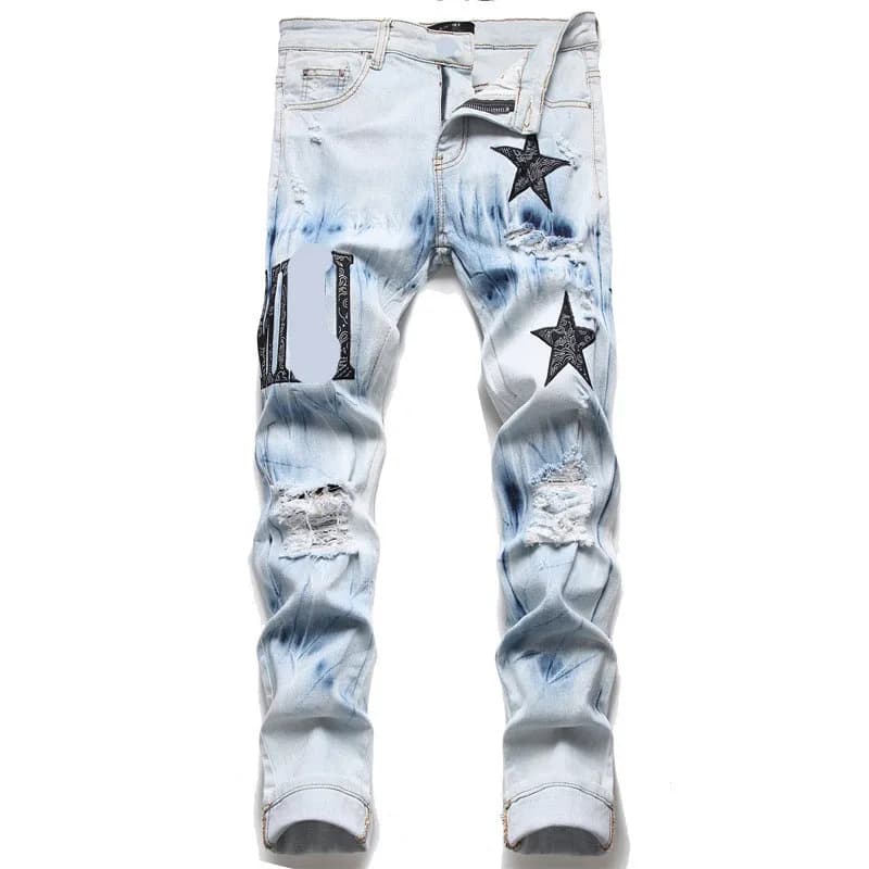 Jean homme de créateur, style motard, déchiré et usé, coupe slim, pantalon en denim.