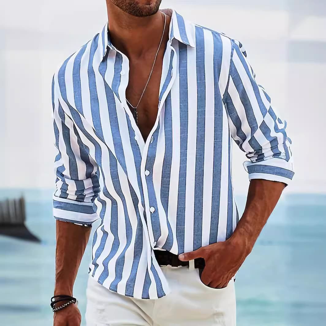 Men's Clothing Spring and Autumn European and American new men's yarn dyed striped cotton and linen casual loose long sleeved shirt