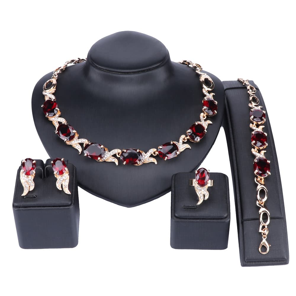 Wedding Red Crystal Trendy Necklace Jewelry Sets Party Women African Beads Bridal Necklace Earrings Accessories