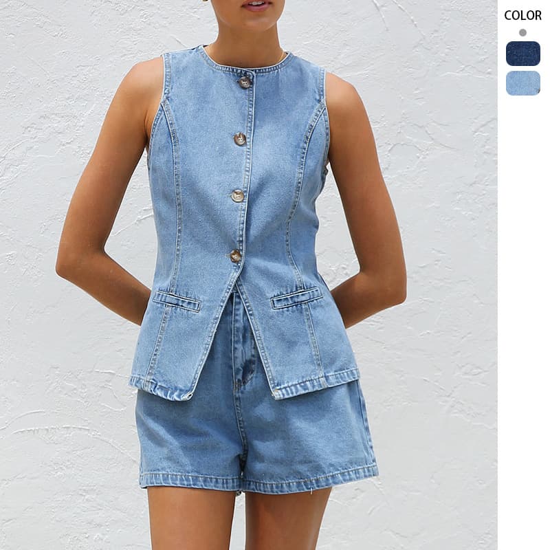 Women's Clothing Fashion Sleeveless Waist High Waist Loose Denim Shorts Set