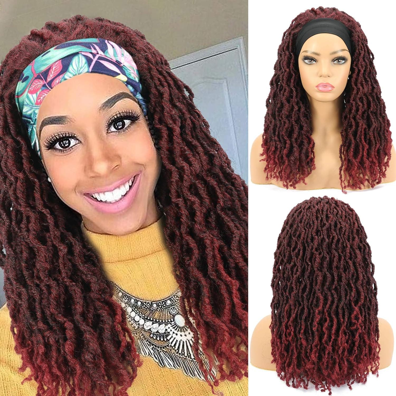 Headband Nu Locs Braided Wigs for Black Women Soft Locs Braids Dreadloc Wig Synthetic Heat Resistant Fiber Red Burgundy Color 99j
