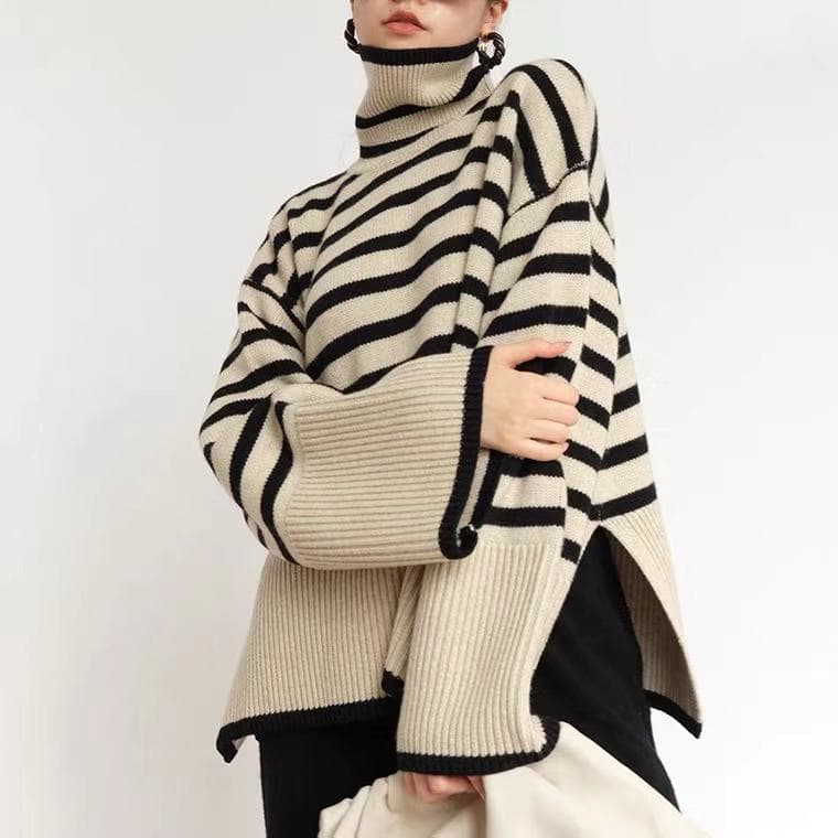 Women's striped turtleneck sweater loose design of a niche sweater jumper