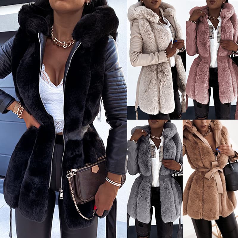 Women's fur coat Women's belted hooded solid color zipper jacket