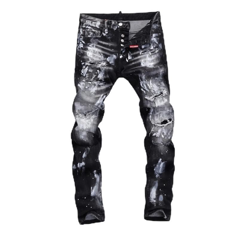 Men's Slim Fit Distressed Jeans - Vintage Blue Washed Denim With Patch Details