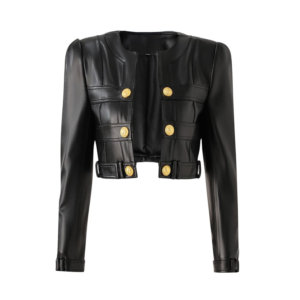 Women's PU leather stitching small round neck shoulder pad cardigan high street style small coat top temperament small jacket